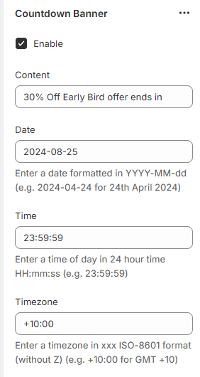 Countdown Banner settings: Enable, Content, Date, Time and Timezone.