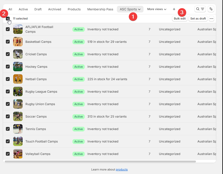 The Products list with the ASC Sports view selected, every product ticked and the Bulk edit button.